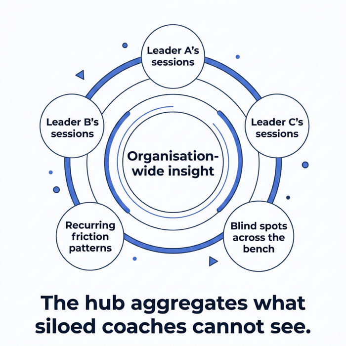 Diagram: individual leader conversations aggregating into one organisation-wide insight