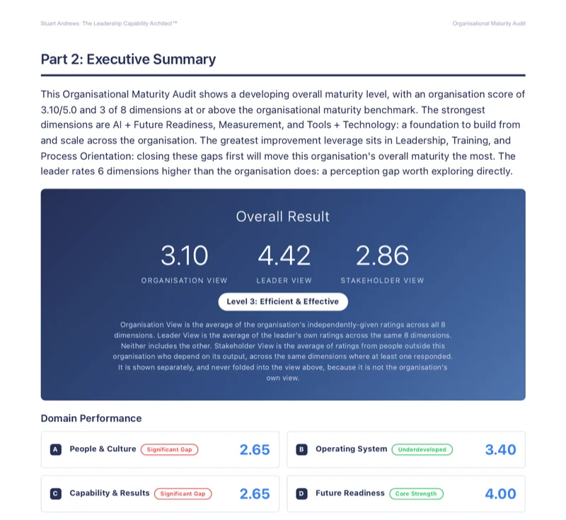 A sample Organisational Maturity report page showing the Overall Result scorecard with organisation, leader, and stakeholder views