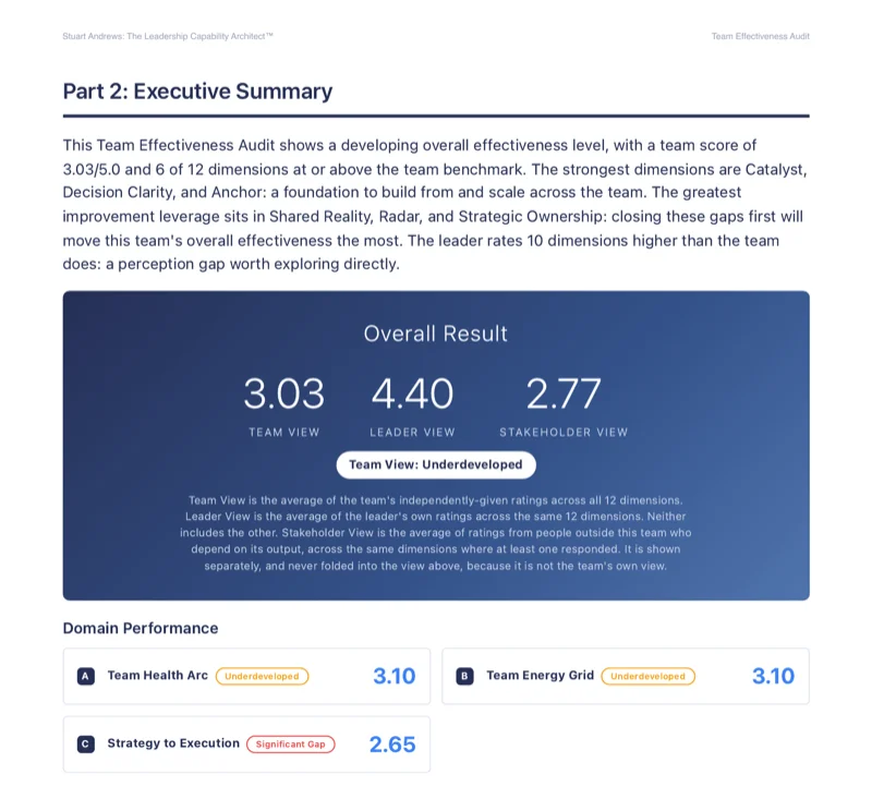 A sample Team Effectiveness report page showing the Overall Result scorecard with team, leader, and stakeholder views