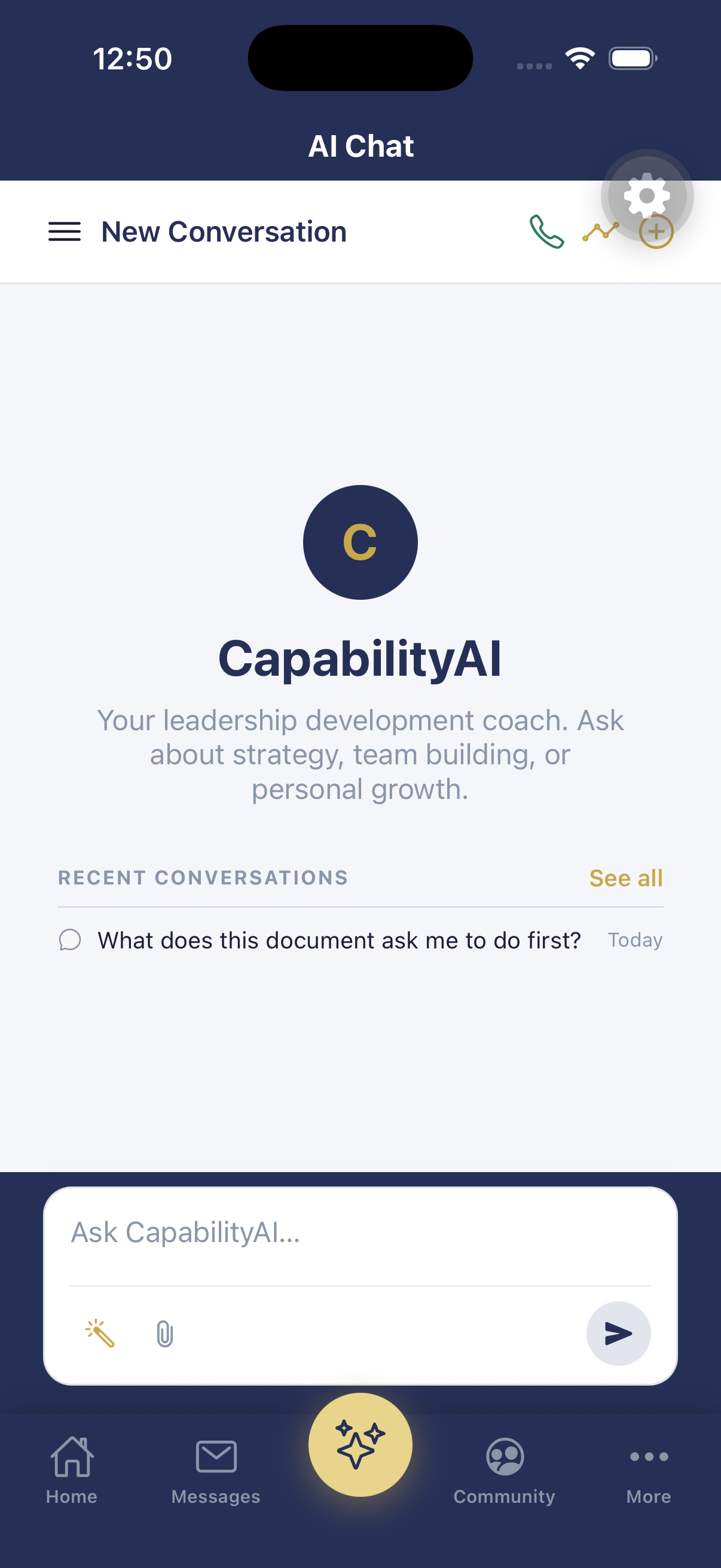 The live CapabilityAI mobile app, showing the chat home screen with a real conversation
