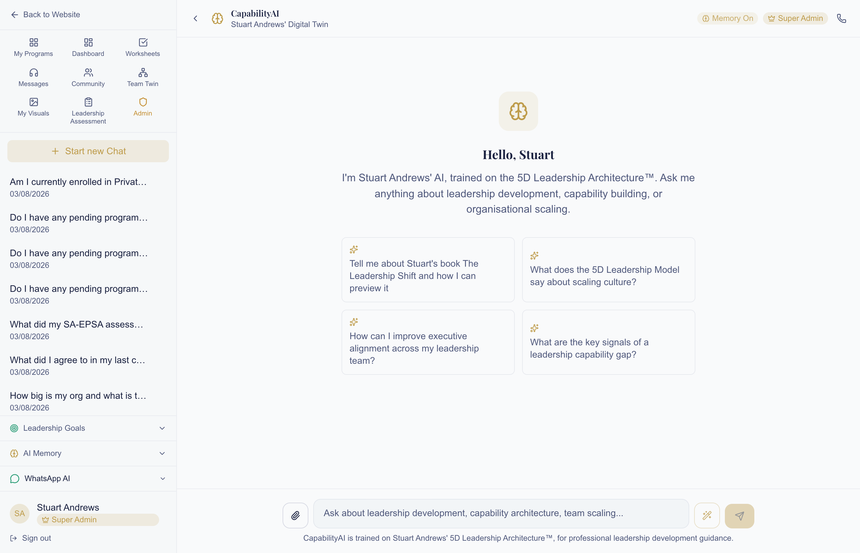 The live CapabilityAI chat product, showing a real conversation history
