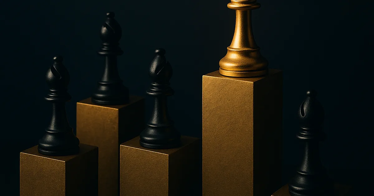 Abstract row of gold columns at uneven heights over dark navy, representing uneven leadership quality across a business