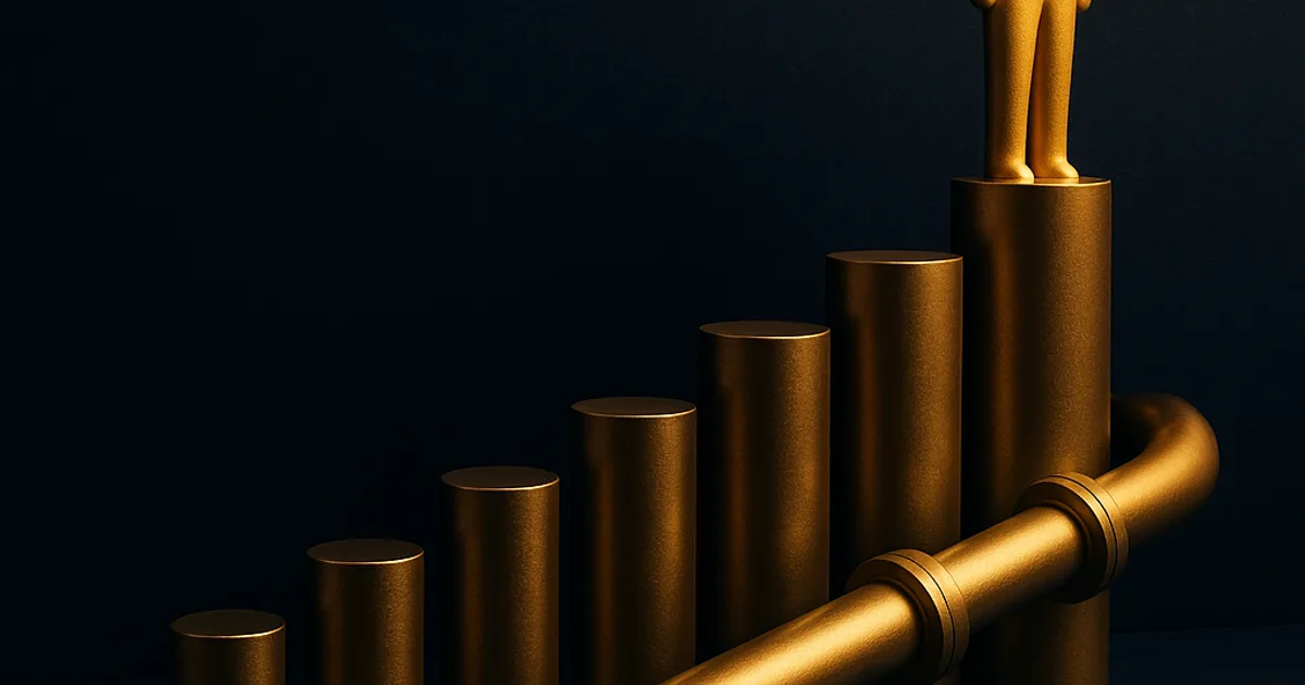 Abstract gold pipeline structure ascending through dark navy tiers, representing a leadership pipeline