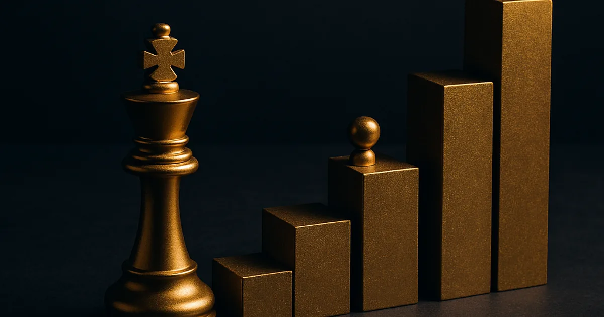Abstract gold ascending bars outpaced by a flat line over dark navy, representing leadership capability failing to scale with growth