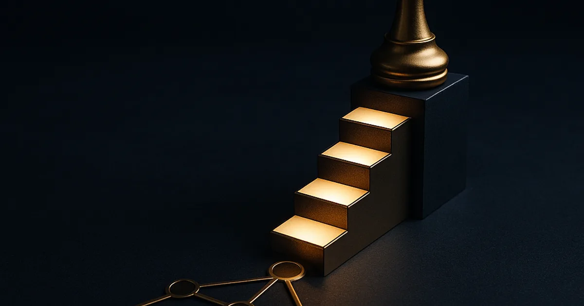 Abstract interlocking gold gears forming a structure over dark navy, representing leadership systems in a scaling company