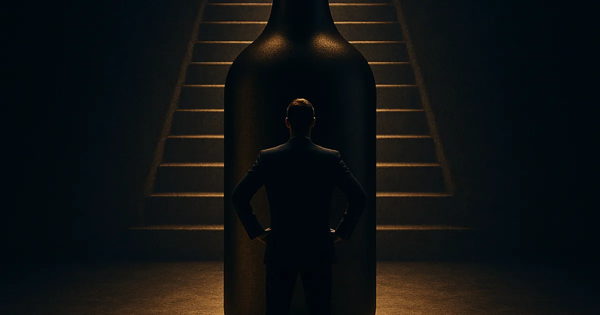 Abstract gold flow narrowing through a single point over dark navy, representing the founder bottleneck at scale