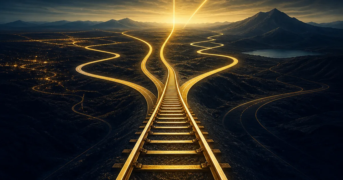 Abstract dark navy and gold illustration of a single rail track splitting into multiple converging paths toward a distant light, symbolising one mechanism among many routes to the same destination