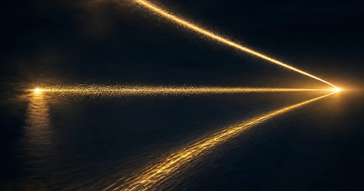 Abstract executive illustration of three converging beams of light narrowing into a single point of clarity against a dark navy background