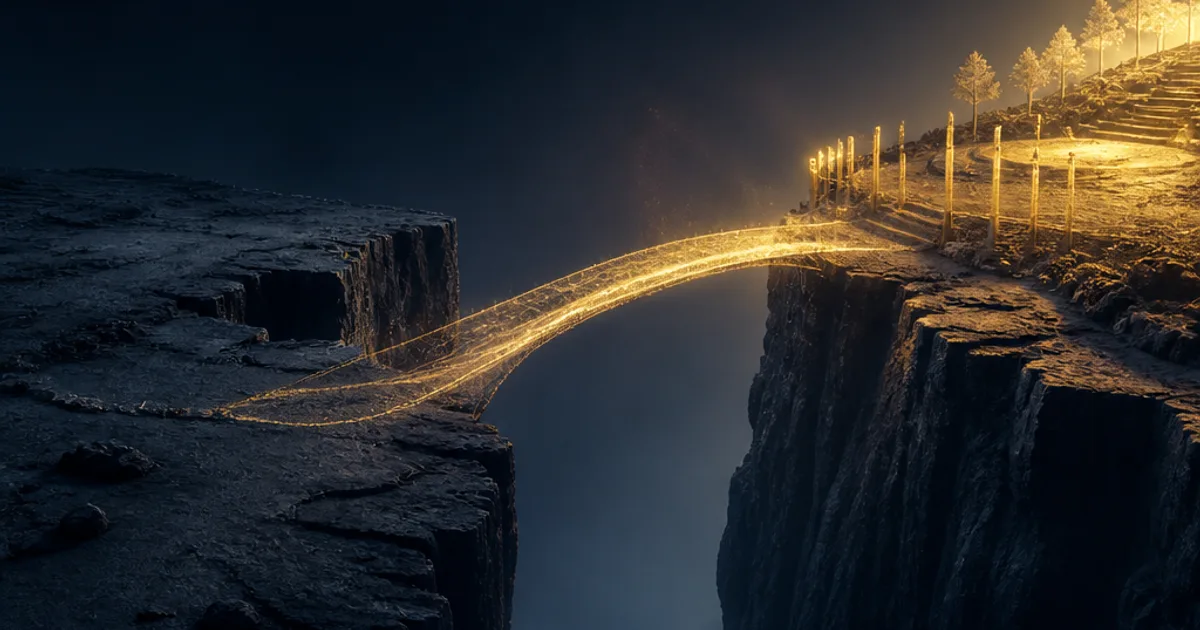 Abstract dark navy and gold artwork of a narrow bridge of light connecting two rock formations, symbolising a rare capability closing a structural gap