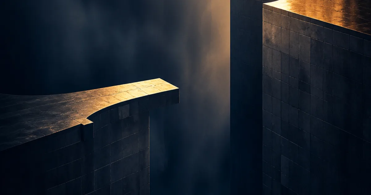Two architectural platforms in dark navy and gold, reaching toward each other but not quite meeting