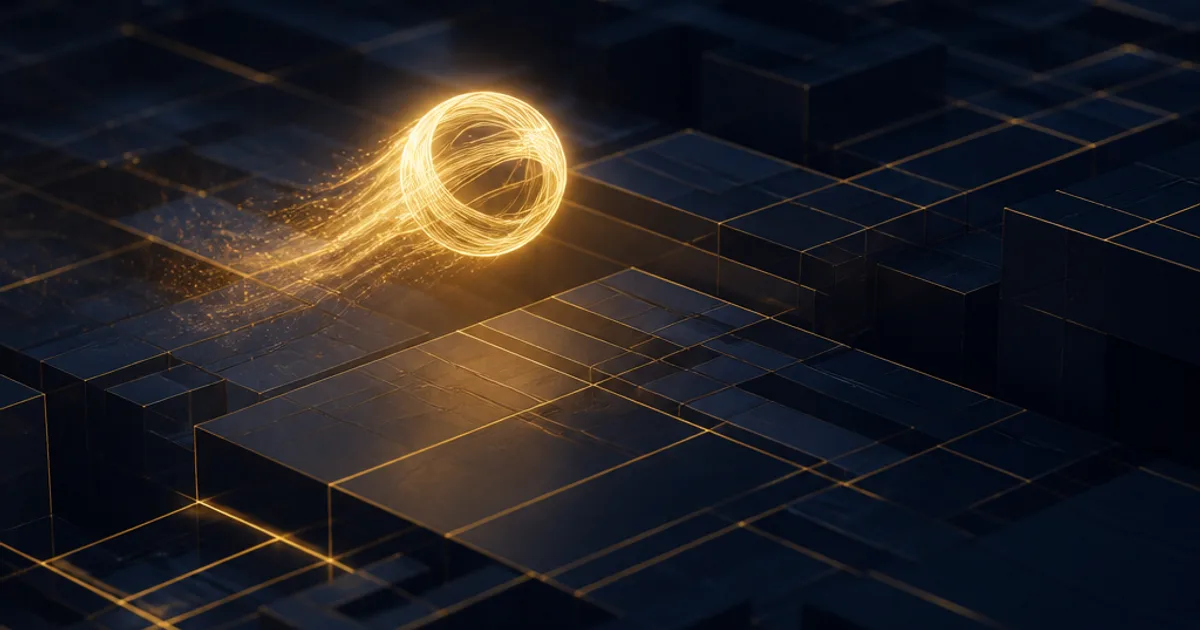 A glowing form of light moving freely across a dark navy structure, unbound by any fixed frame