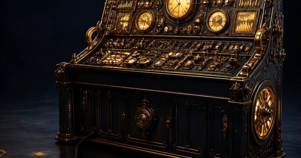 An ornate brass and gold console glowing on standby, disconnected from the dark machinery it should be powering