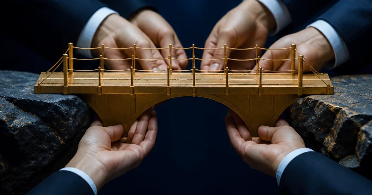 Gold model bridge held by executives hands across a gap between two dark rocks, representing building trust.