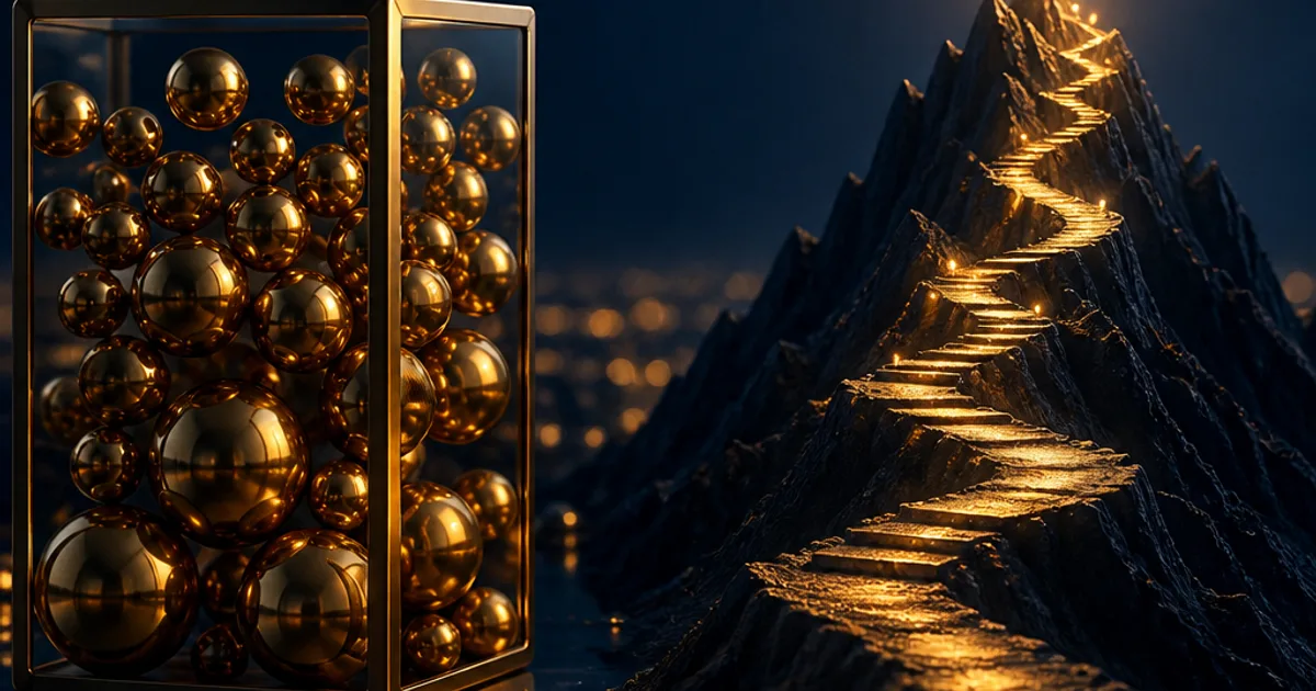 Glass cube full of gold spheres beside a glowing stairway up a dark mountain, representing leadership capacity and capability.