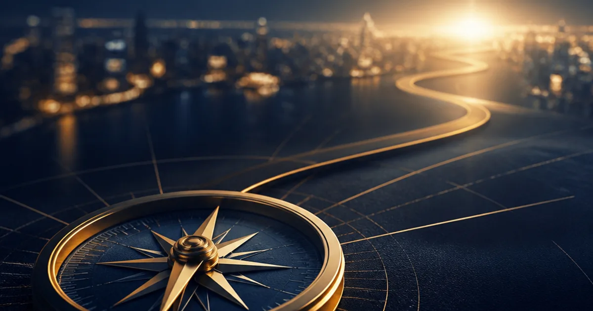 Gold compass on a dark navy map with a glowing path leading to a city skyline at sunrise, representing the future of work.