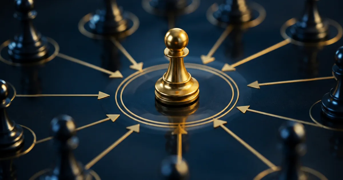 A gold chess pawn at the centre with gold arrows converging from surrounding dark pawns, representing aligning emerging leaders across departments.
