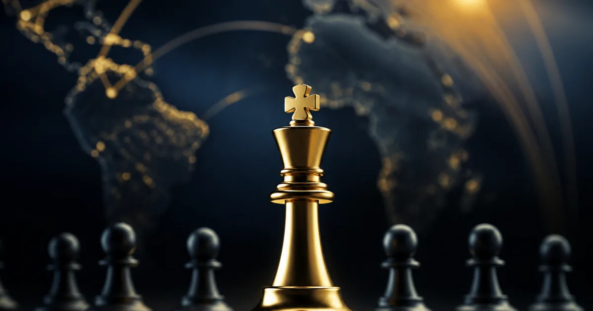 A gold king chess piece standing in front of dark pawns against a glowing navy world map, representing executive leadership coaching.