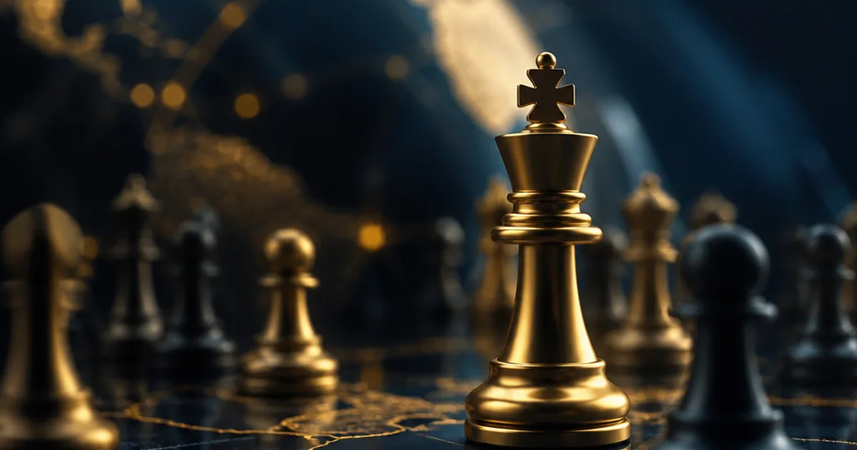 A gold king chess piece on a dark navy board with blurred pieces and a world map behind it, representing executive leadership in business.