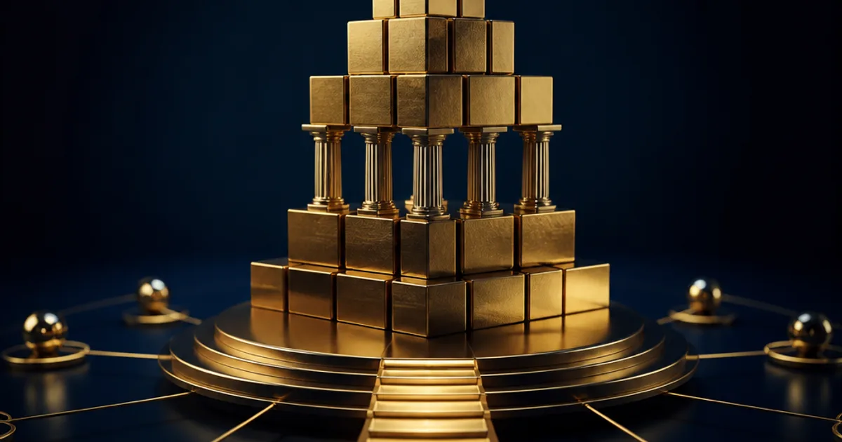 A tiered structure of gold blocks and columns on a stepped dark navy platform, representing leadership capability architecture.