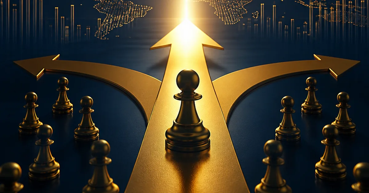 A gold pawn at a fork where gold arrows branch in several directions on a dark navy background, representing a founder expanding their leadership role.