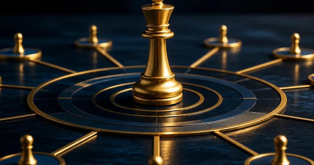 A gold king chess piece at the centre of concentric gold rings with connected pawns around it on a dark navy surface, representing core leadership capability.