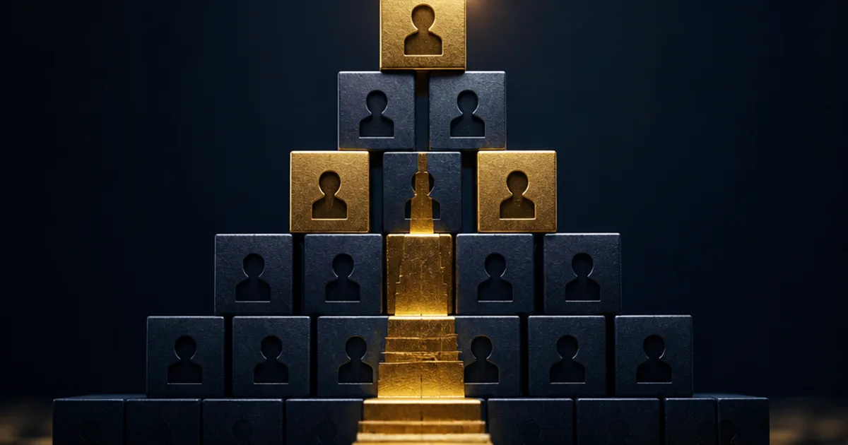 A stepped structure of figure blocks on a dark navy background, with gold blocks at several levels and a gold staircase rising through the middle